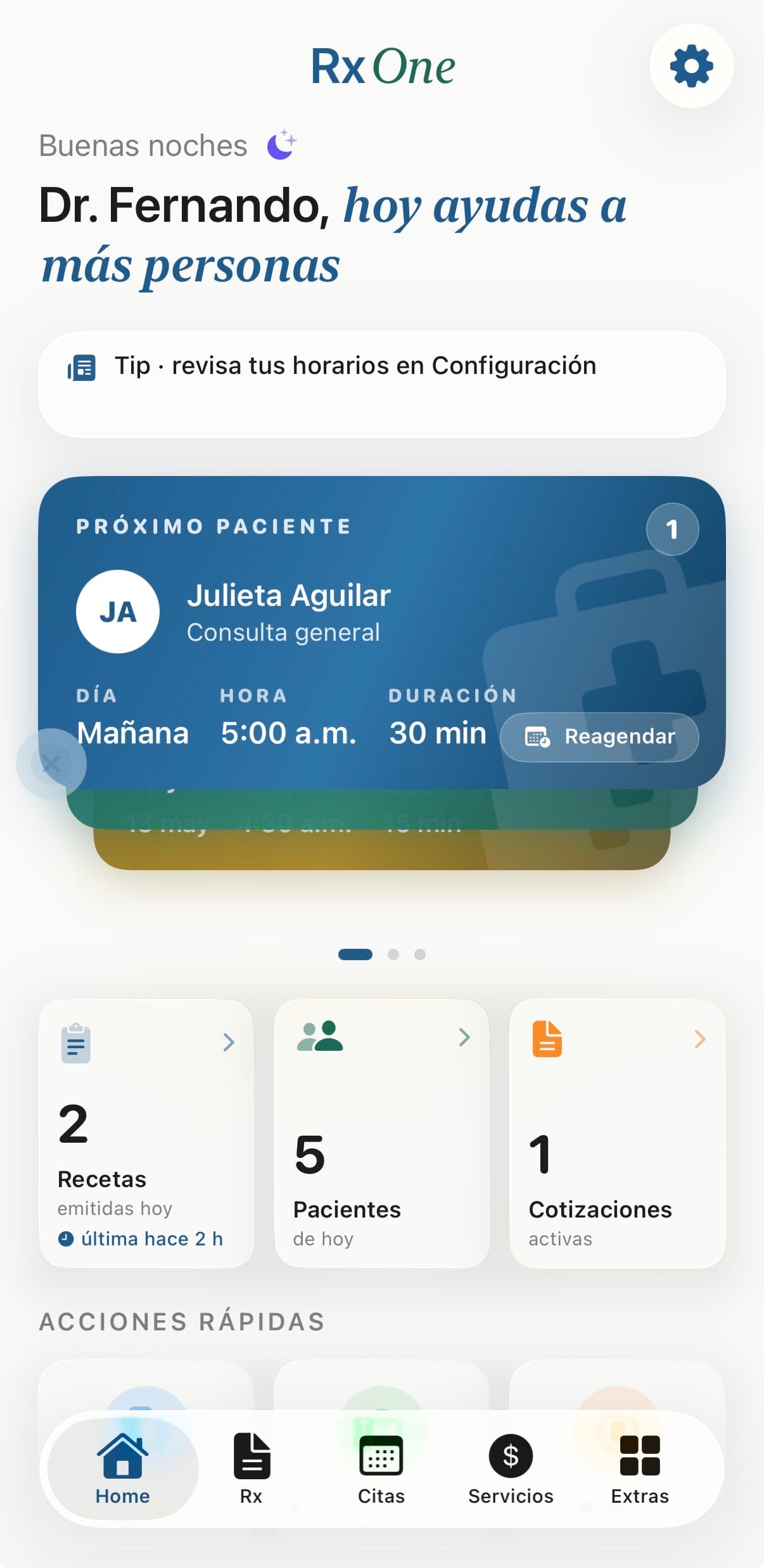 RxOne · pantalla principal del médico en app móvil