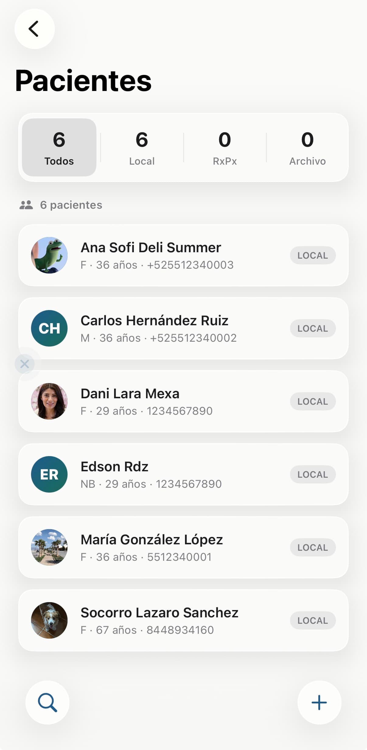 Lista de pacientes en RxOne con 6 contactos clínicos