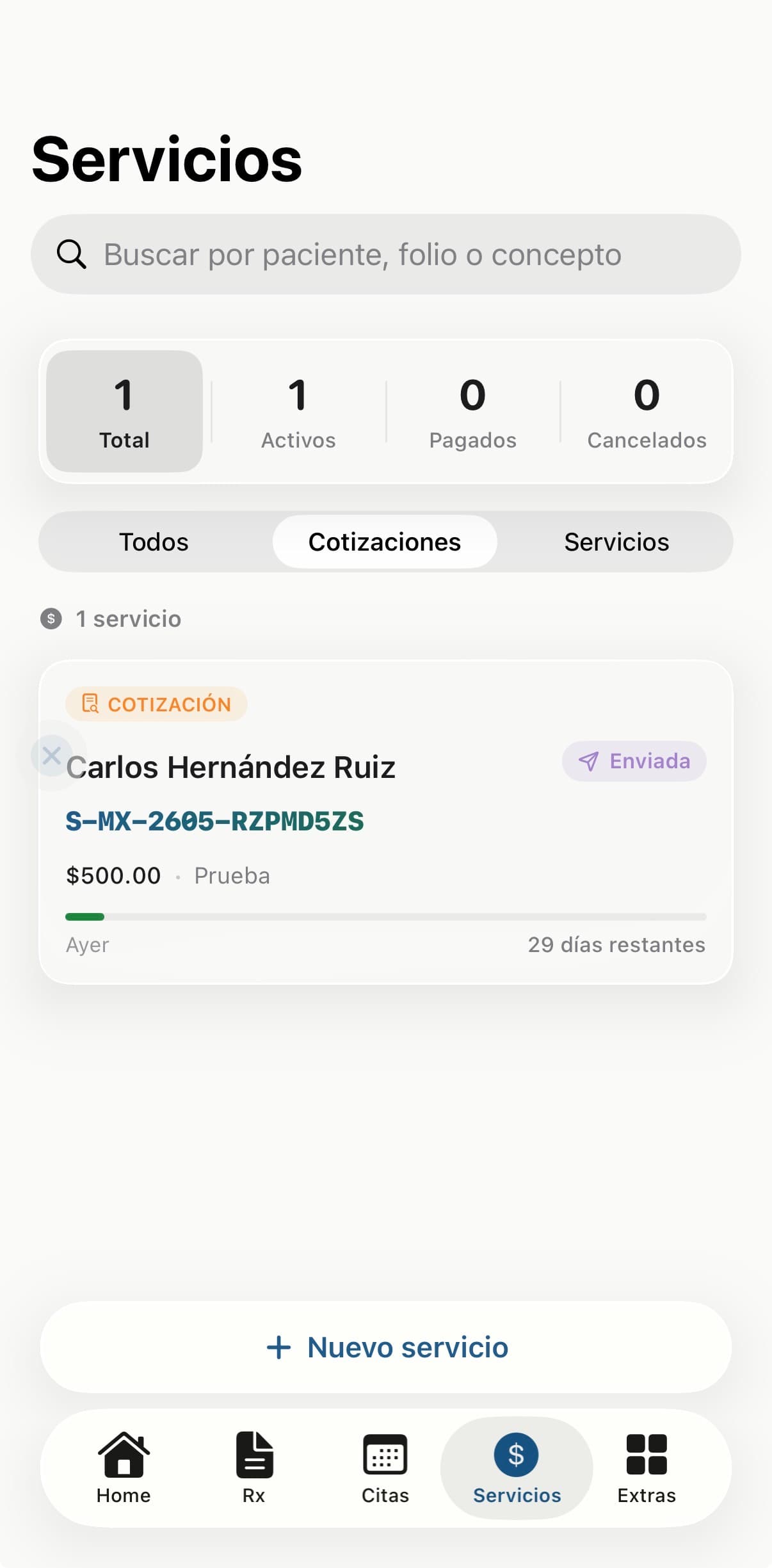 Servicios y cotizaciones en RxOne con folio S-MX-2605-RZPMD5ZS
